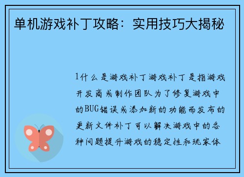 单机游戏补丁攻略：实用技巧大揭秘