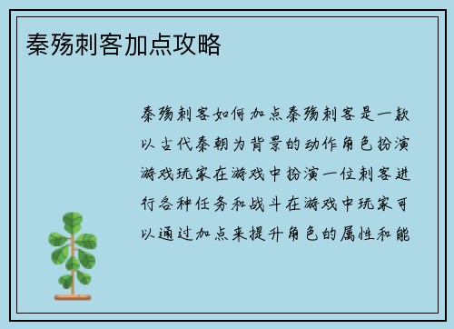 秦殇刺客加点攻略