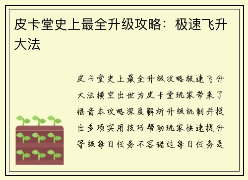 皮卡堂史上最全升级攻略：极速飞升大法